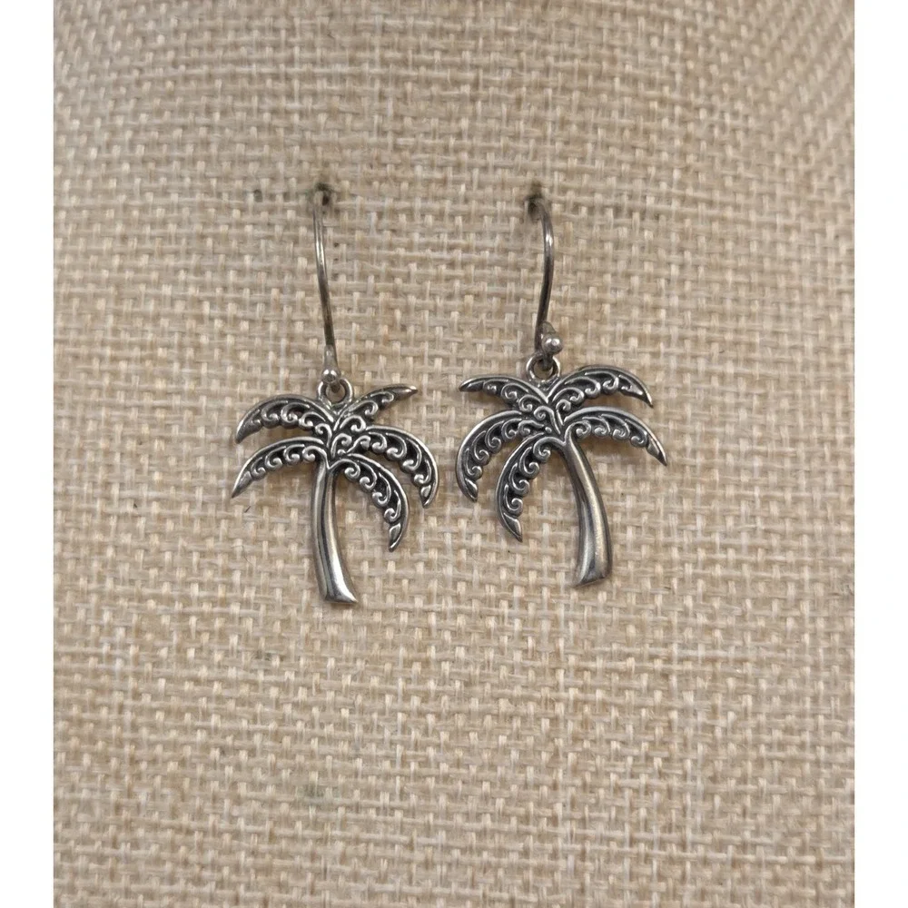 Vintage Bali Style Sterling‎ Silver Palm Tree Dangle Hook Earrings Beach Jewelry